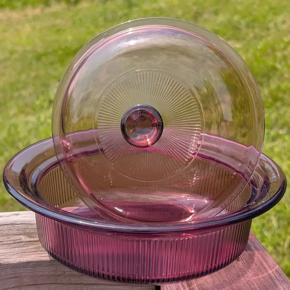 VTG Pyrex Corning Visions Cranberry Ribbed Glass Casserole Dish V1.5C